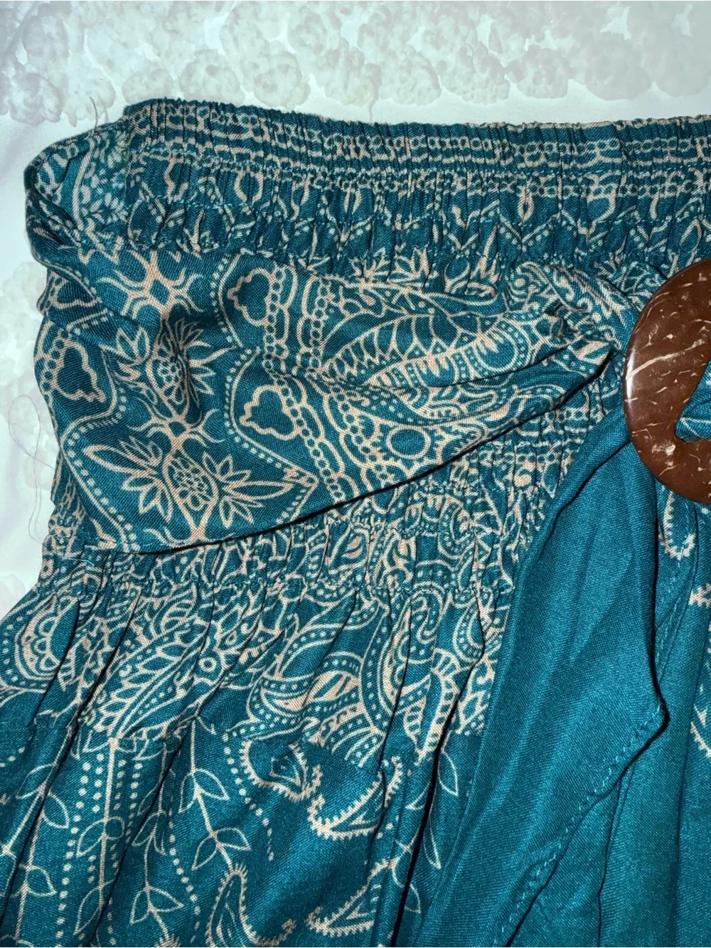 Teal Embroidered Maxi Skirt with Smocked Waist and Tie